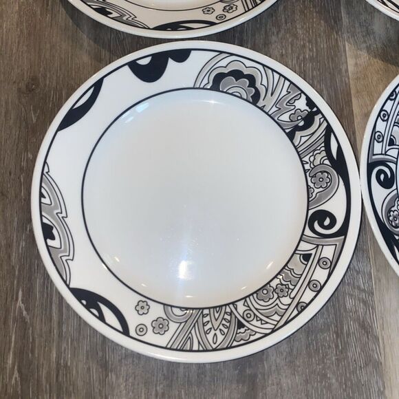 SET  6 CORELLE 8.5" LUNCHEON PLATES "NOUVEAU" LIFESTYLES VIVE BLACK/WHITE/ GRAY - Picture 1 of 6